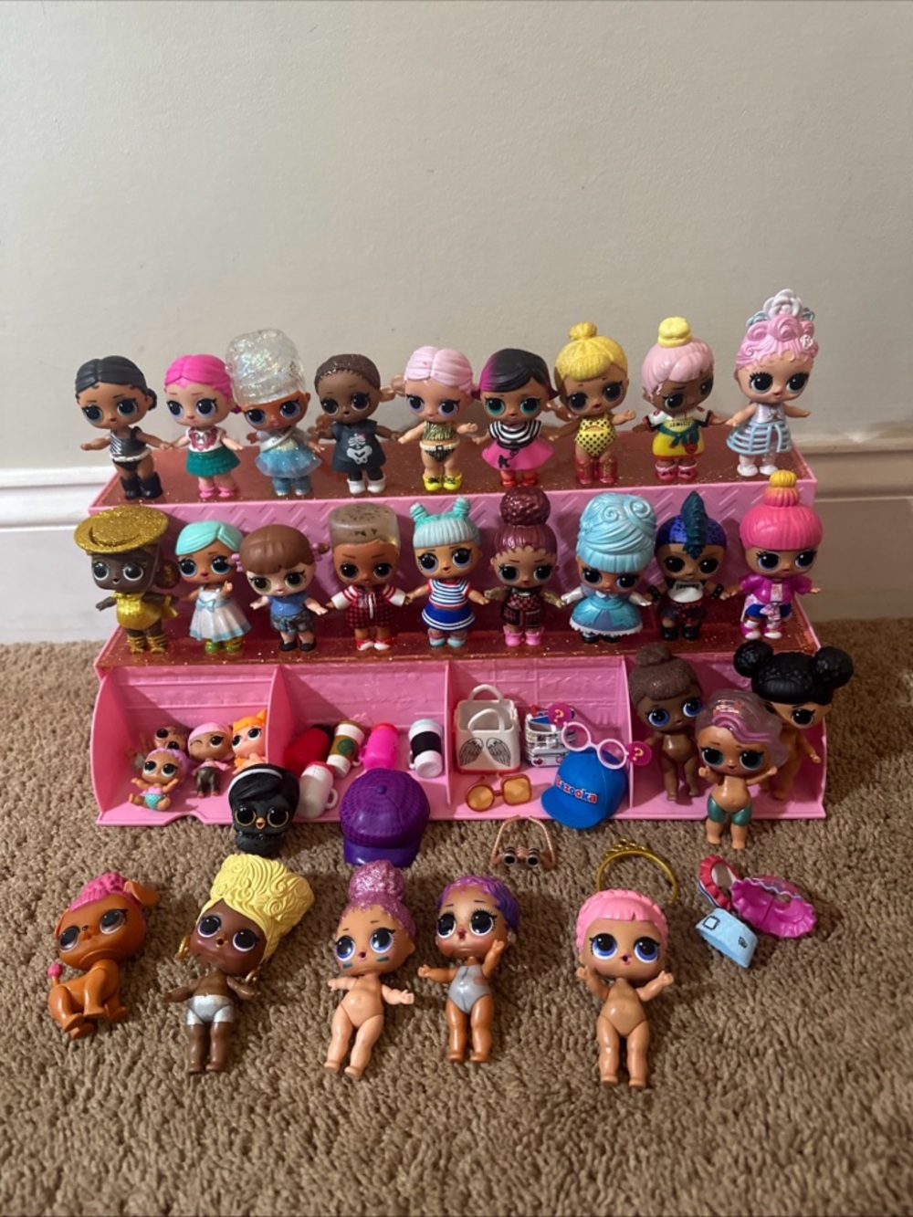 Large Lot Of LOL Surprise Dolls With Display Stand Accessories  Babies Punk Boi